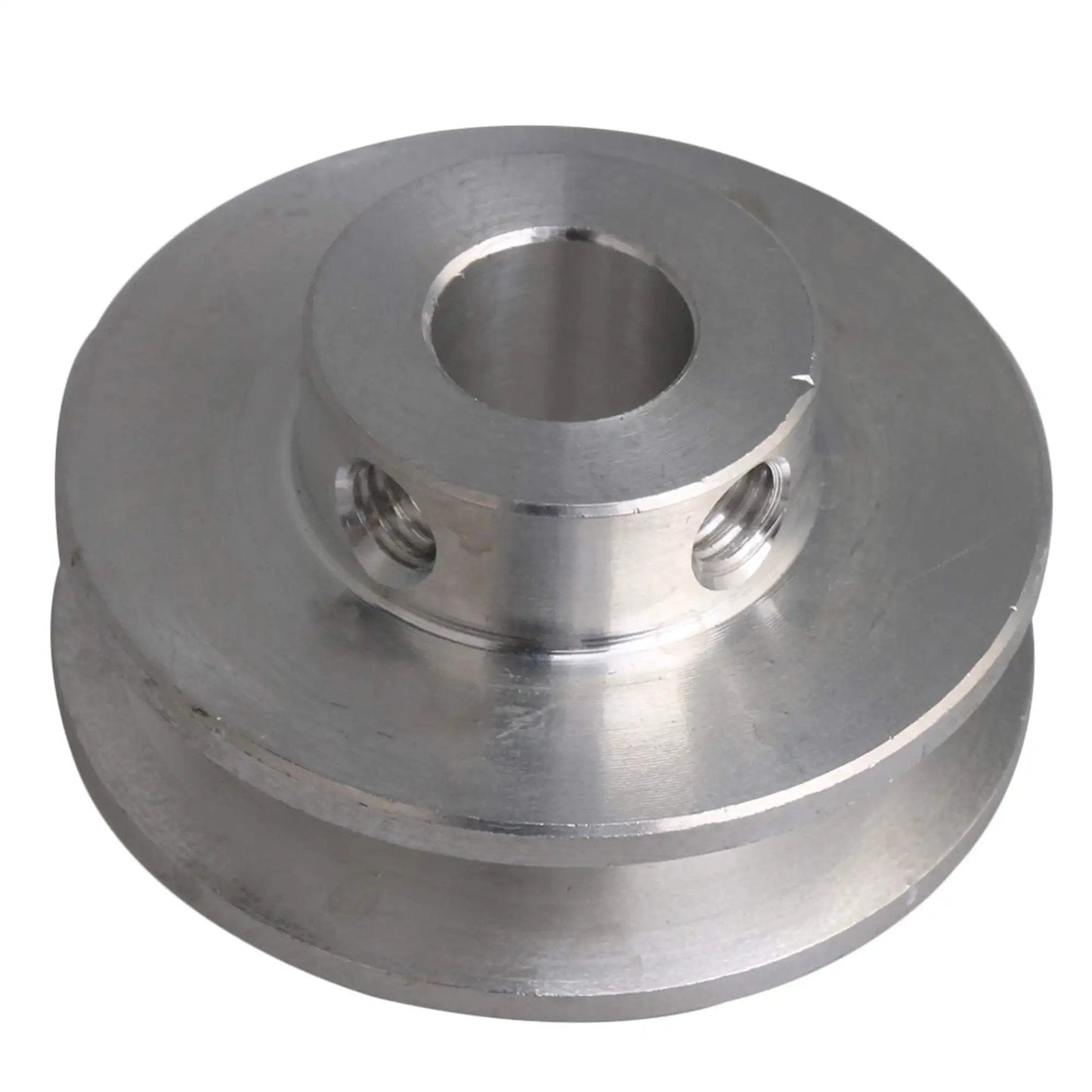 Side view of Aluminum Alloy Single Groove Pulley 31x15x8mm With 8mm Bore for 3 to 5mm PU belts, compact component.
