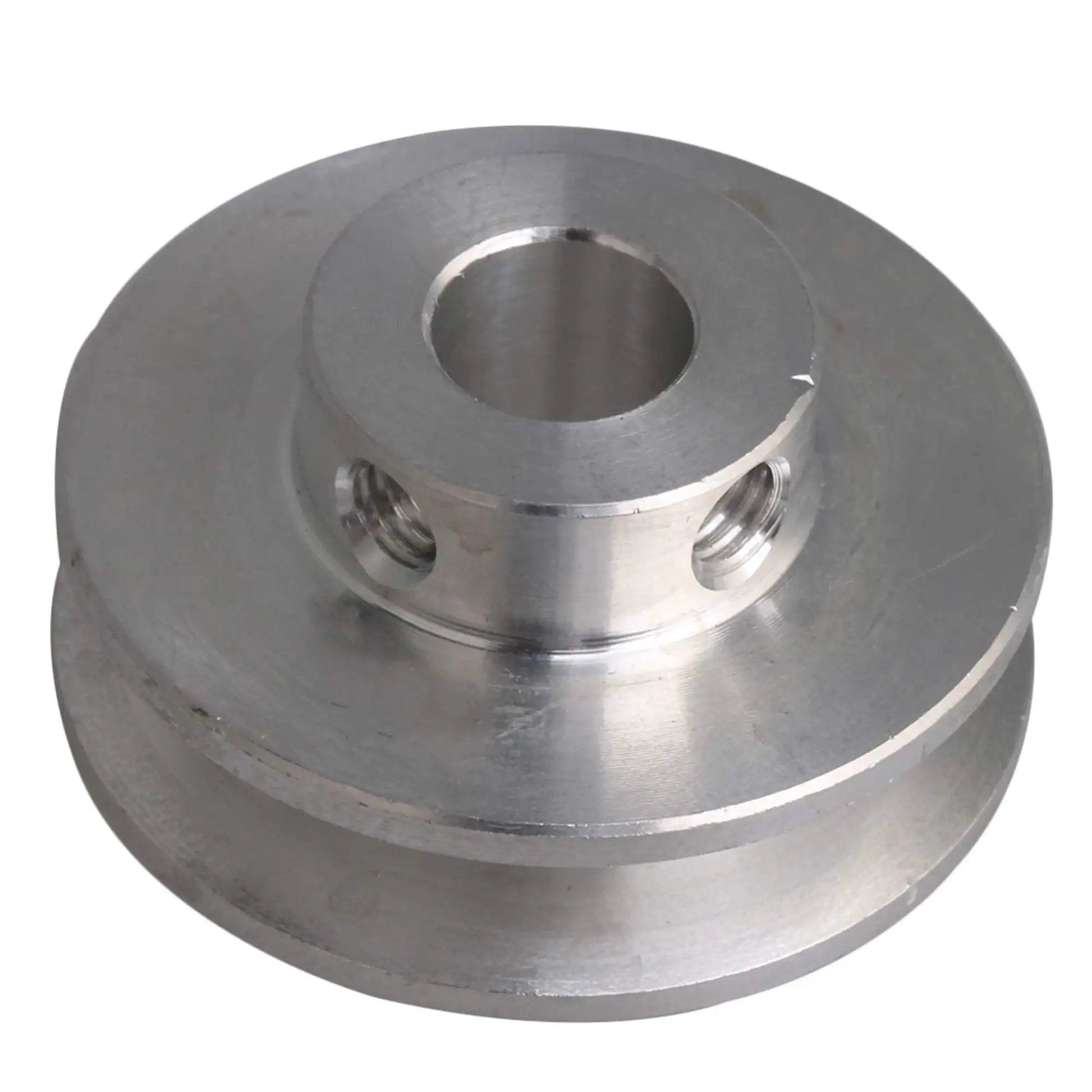 Side view of Aluminum Alloy Single Groove Pulley 31x15x8mm With 8mm Bore for 3 to 5mm PU belts, compact component.