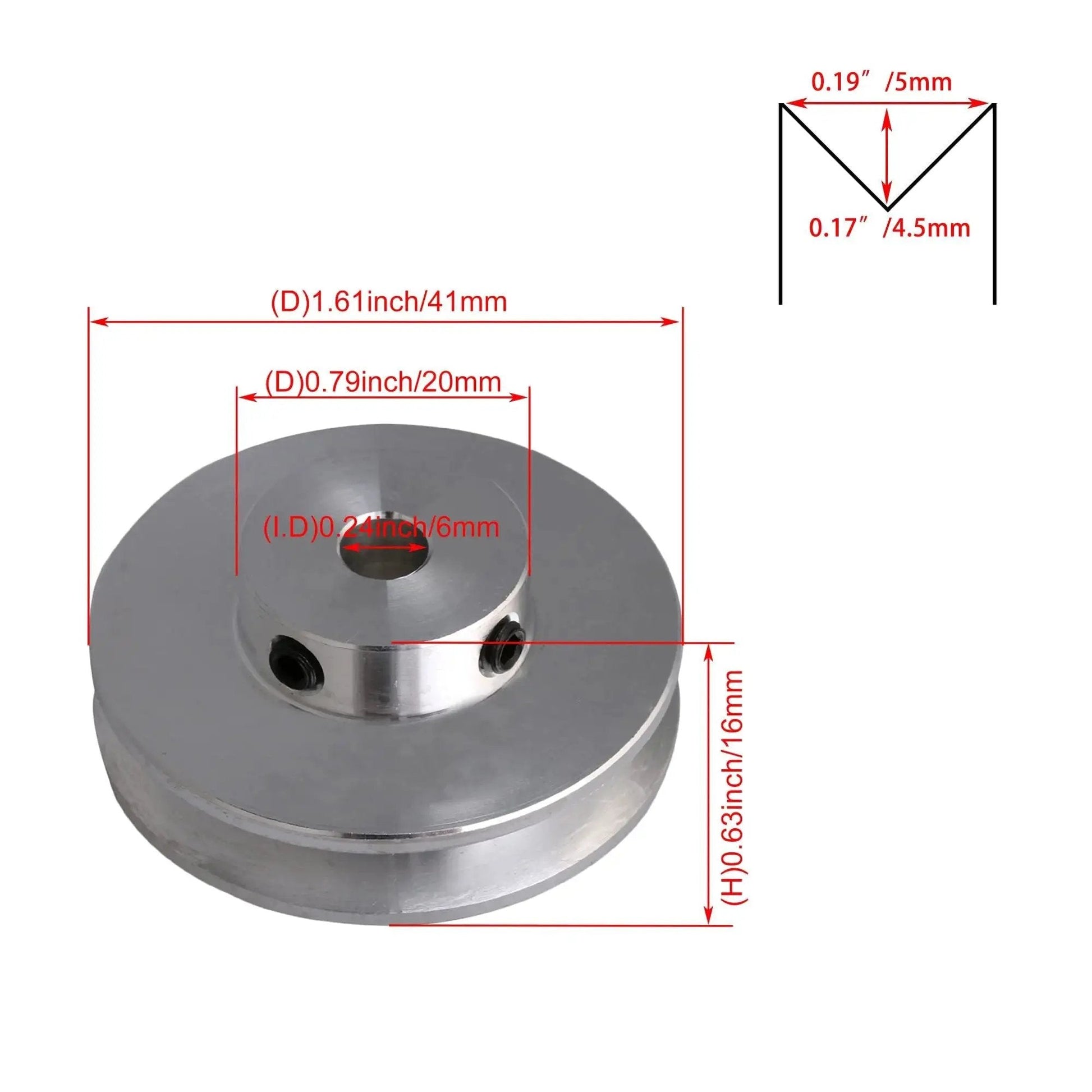 Aluminum Single Groove Pulley 41x16x6mm With 6mm Bore For 3 To 5mm PU Round Belts, ideal for DIY projects, showing dimensions.
