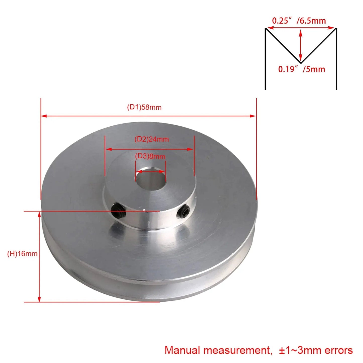 Durable aluminum single groove pulley designed for compact drilling and milling setups; 58mm diameter, 16mm thick, 8mm bore fits 3–5mm PU belt