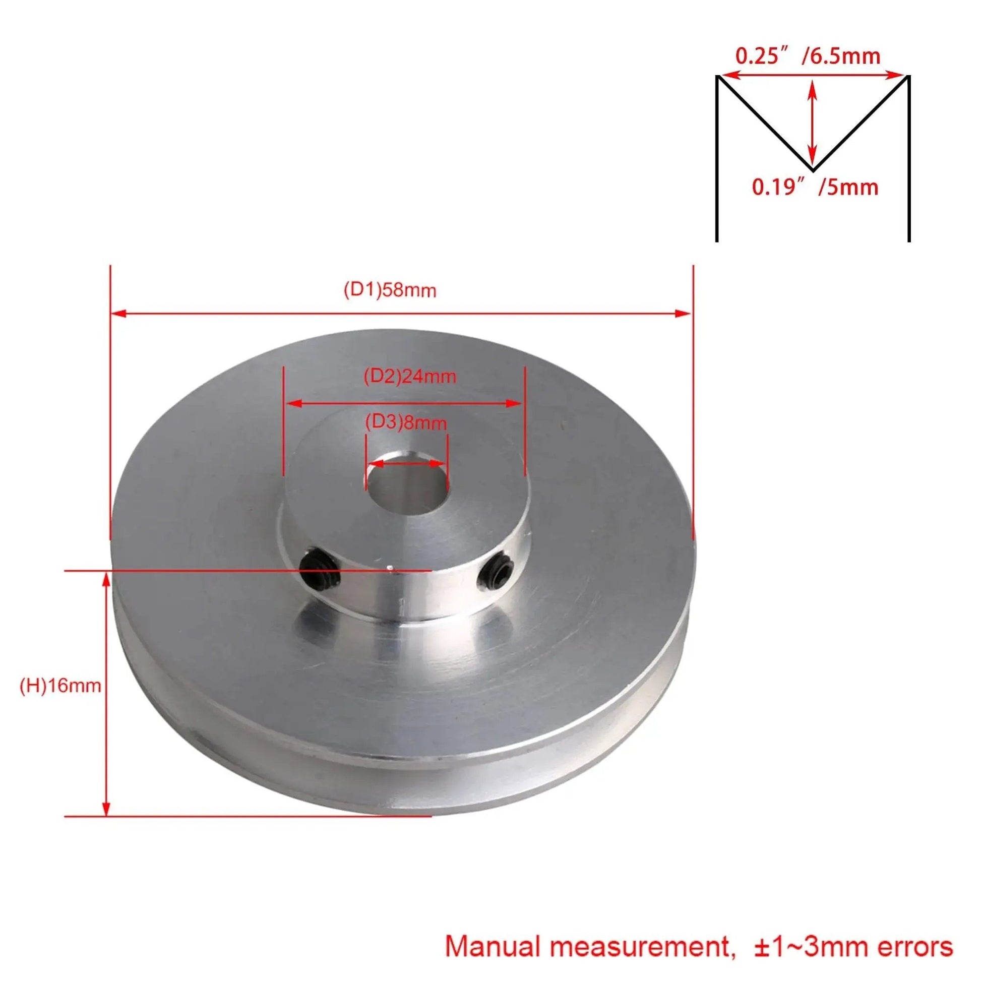 Durable aluminum single groove pulley designed for compact drilling and milling setups; 58mm diameter, 16mm thick, 8mm bore fits 3–5mm PU belt