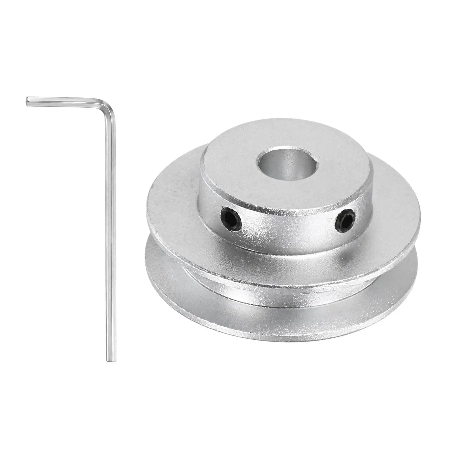 Fixed-bore aluminum pulley with an 8mm bore and 40mm OD, 7mm groove designed for 5–6mm PU belts, shown with allen key.