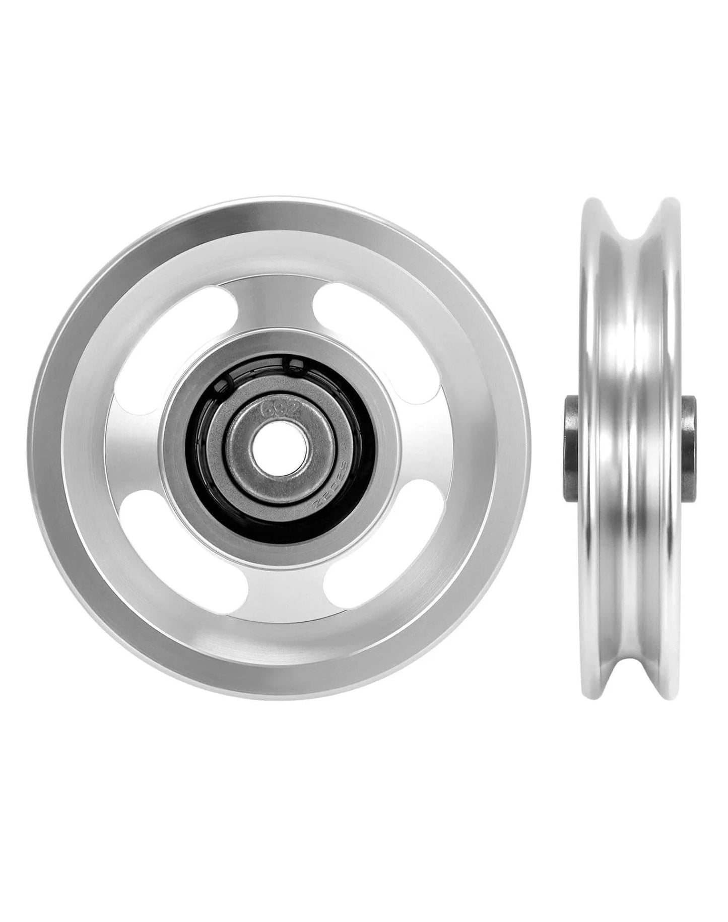 Universal Aluminium Alloy Bearing Pulley Wheel for Sports Fitness Equipment, 95mm size, front and side view showing durability and design.
