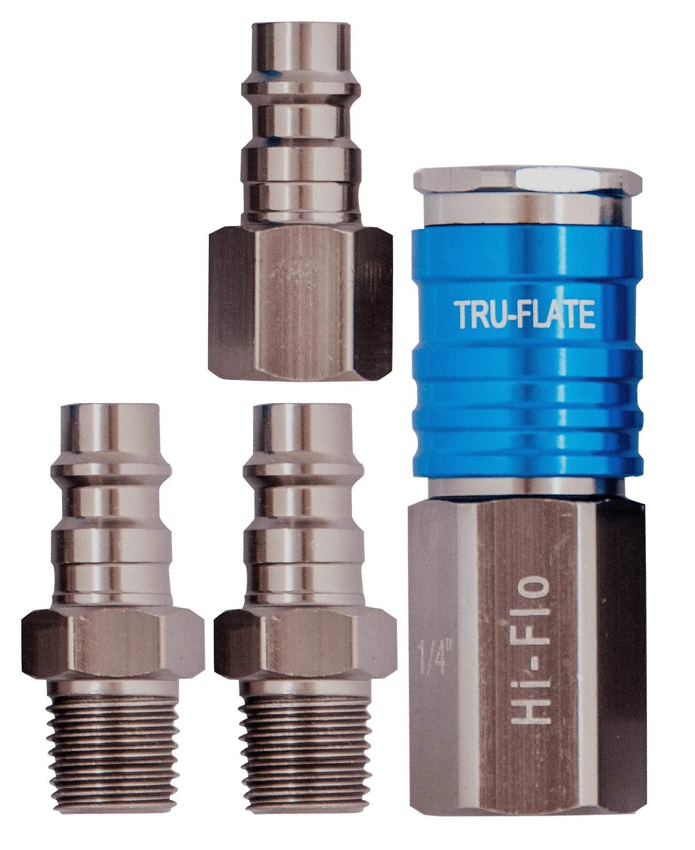 Aluminum Push To Connect Air Coupler And Plug Set One Quarter Inch NPT I M Style From Tru-Flate HI FLO Design For Max Air Flow And Torque Lightweight T6 Aluminum Construction Silver Finish Ideal For Air Tools And Compressors showing four pieces including one coupler and two plugs.