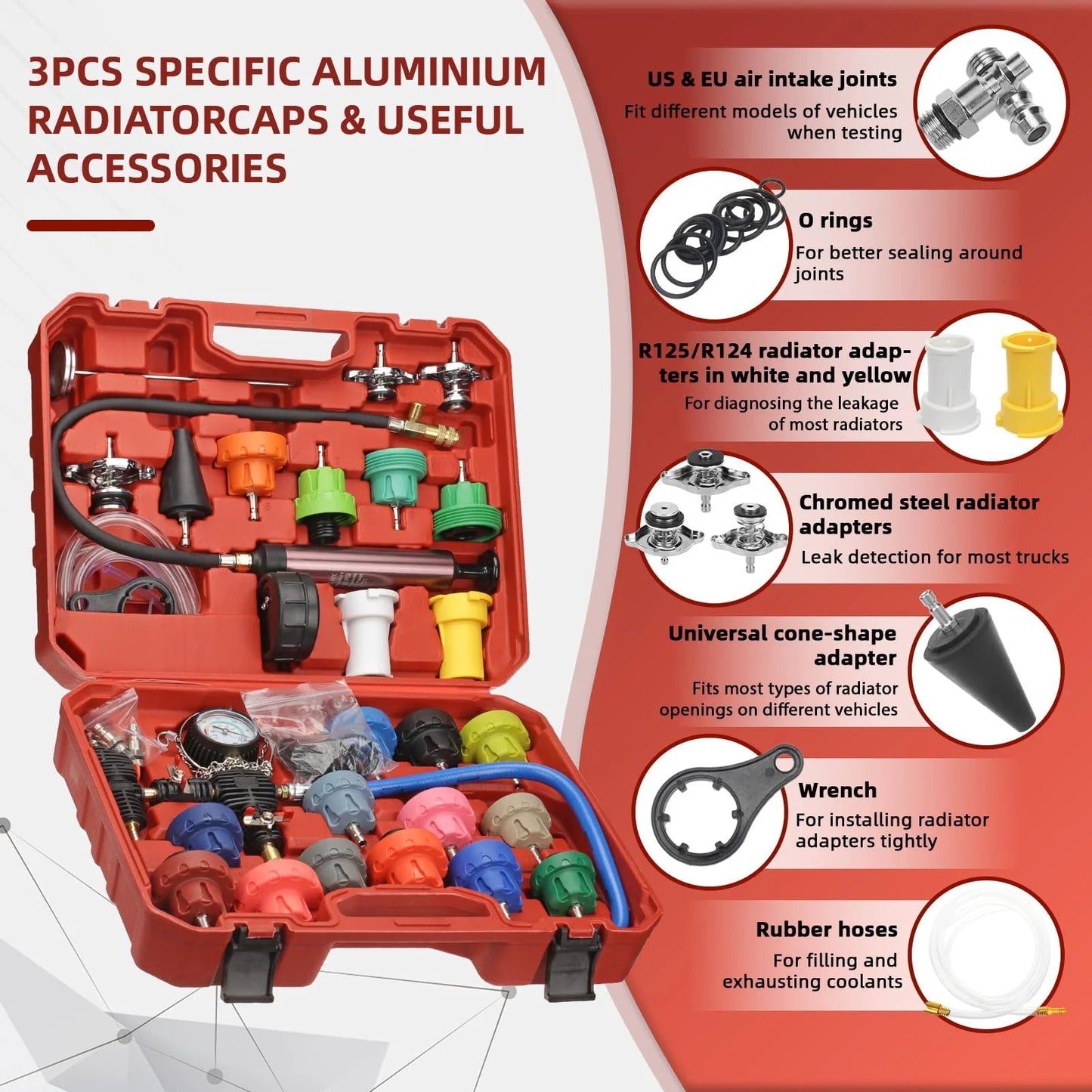 All In One Coolant Vacuum Refill Kit With 23 Radiator Adapters And Pressure Tester For Quick Radiator Service and Maintenance Includes Durable Aluminum Manual Vacuum Pump 21 Inch Hose And Three Inch Dial Gauge For Radiator Cooling System Testing HZAUTOS in a red case showing various radiator adapters and accessories.