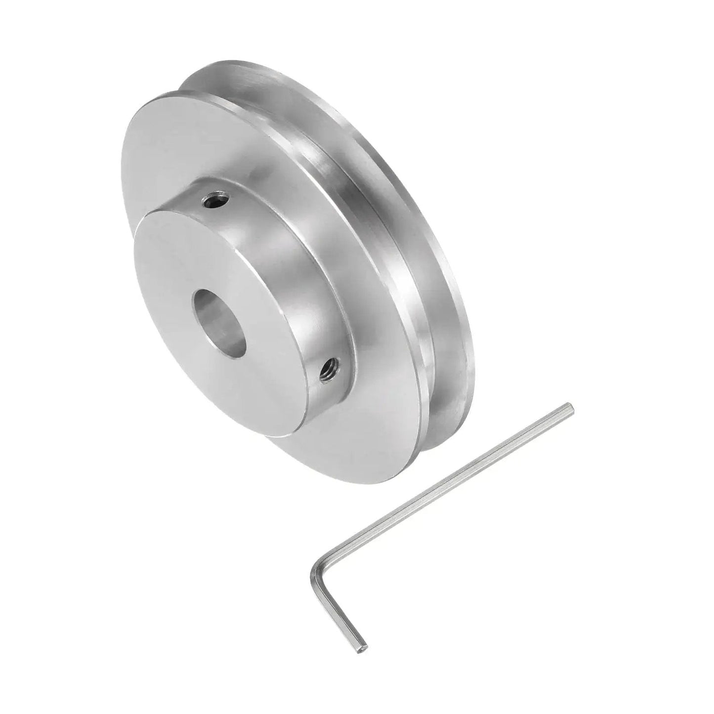 Lightweight 8mm bore aluminum single groove pulley with 60mm outer diameter shown with Allen key, suitable for 6mm PU belt drives.