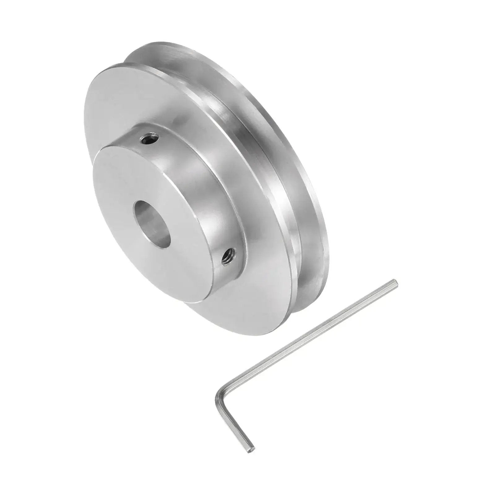 Lightweight 8mm bore aluminum single groove pulley with 60mm outer diameter shown with Allen key, suitable for 6mm PU belt drives.