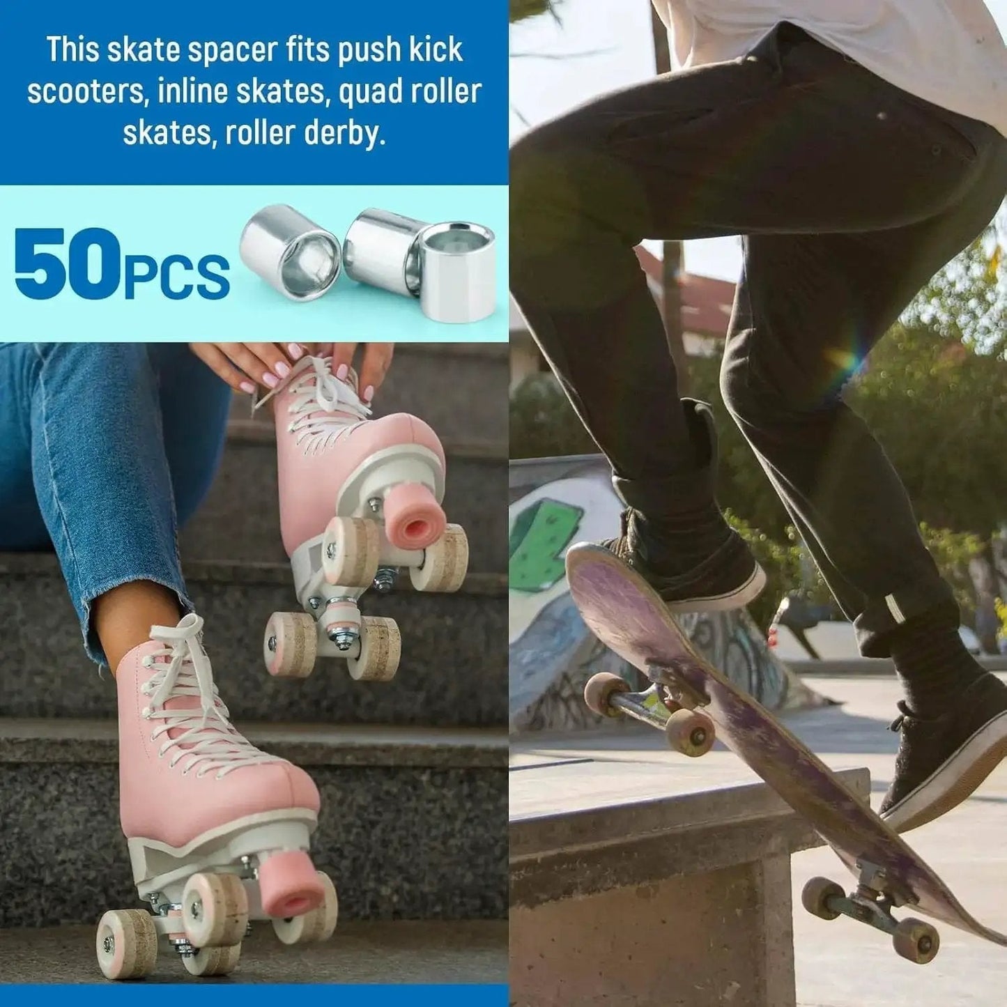Image showing the 50 Pcs Skate Spacer Set Aluminum Wheel Bearing Spacers and Speed Rings for Skateboards and Longboards being used.