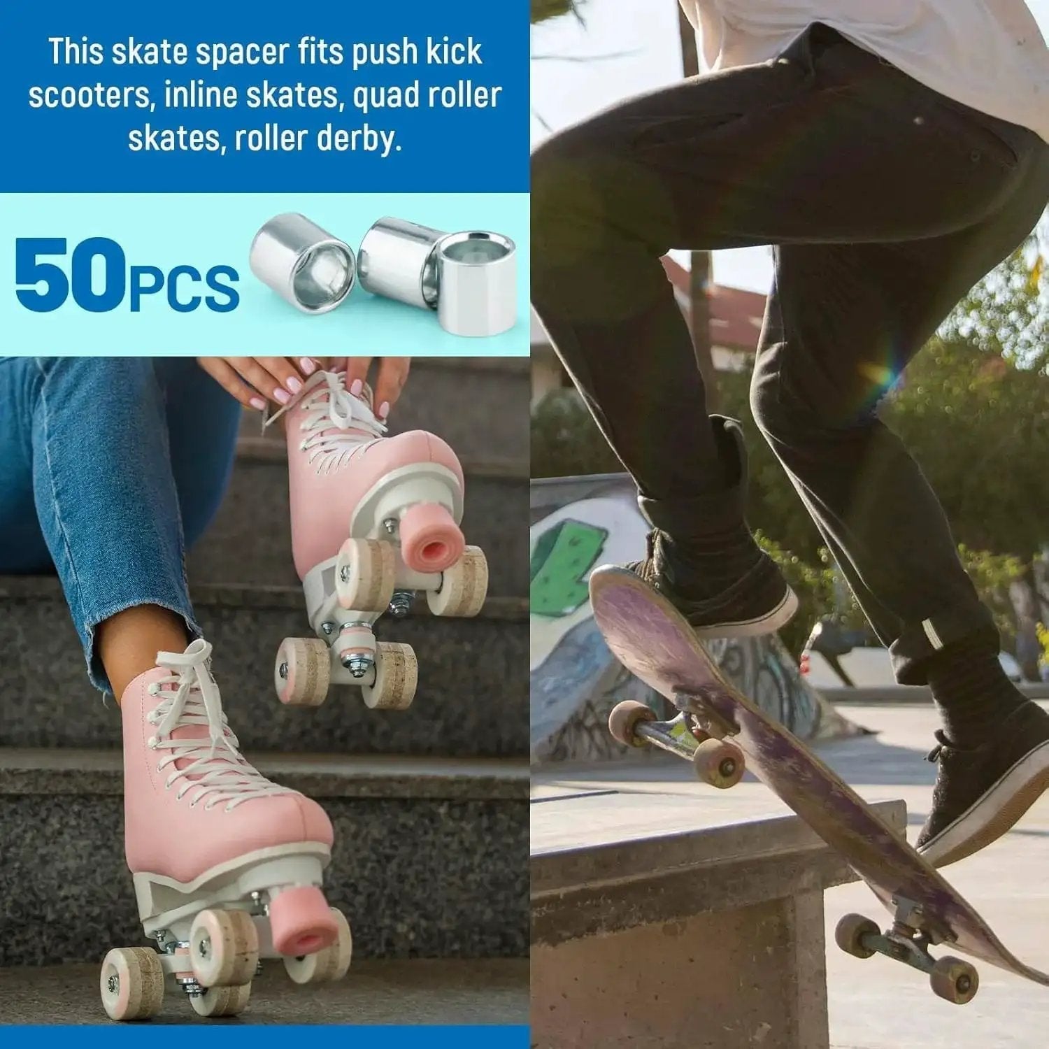 Image showing the 50 Pcs Skate Spacer Set Aluminum Wheel Bearing Spacers and Speed Rings for Skateboards and Longboards being used.