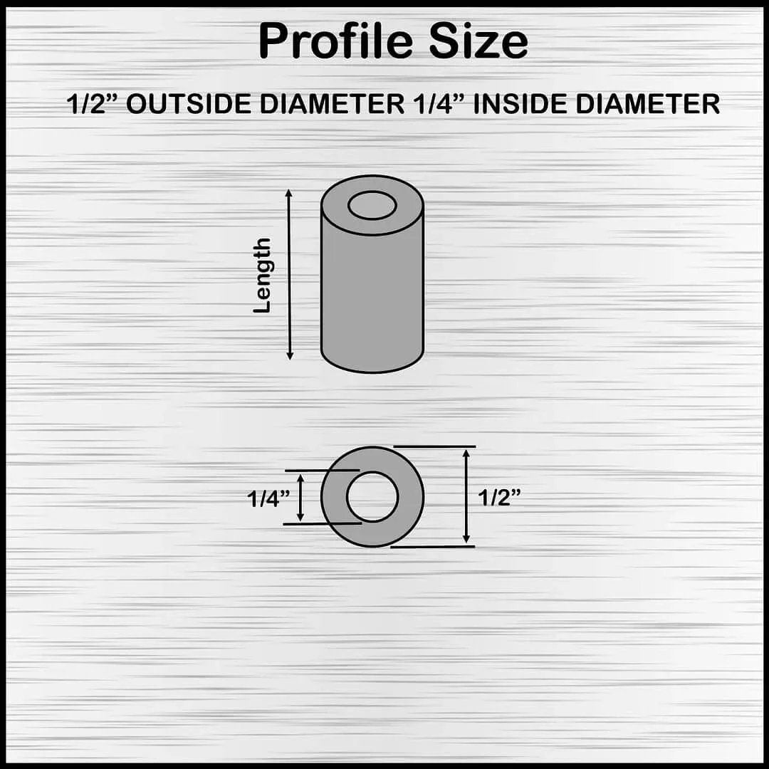 Diagram of Aluminum Spacer Outer Diameter Half Inch Inner Diameter Quarter Inch Round Unthreaded Standoff Bushing Plain Finish.