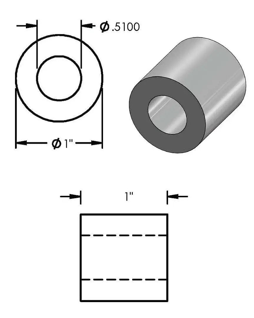 Diagram of Heavy Duty Aluminum Spacer 1 Inch OD By Half Inch ID Unthreaded Standoff Round Bushing Plain Finish 2 Pack 6061 Aluminum