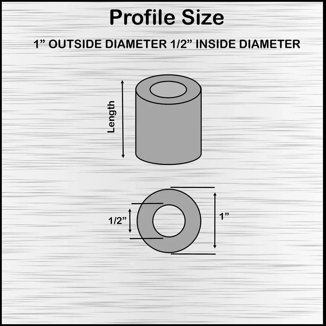 Diagram showing profile size of Heavy Duty Aluminum Spacer 1 Inch OD By Half Inch ID Unthreaded Standoff Round Bushing Plain Finish 2 Pack.
