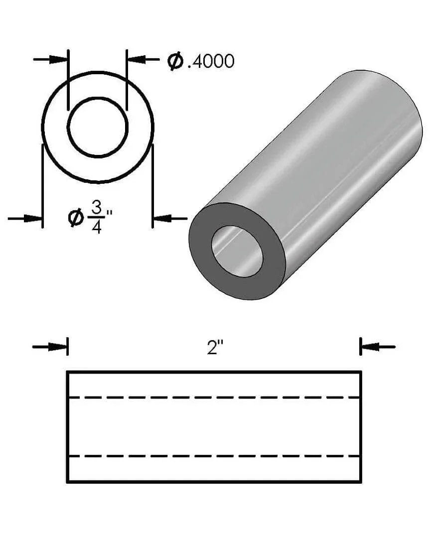 Diagram of Aluminum Spacer Three Quarters Inch Outer Diameter By 0.40 Inch Inner Diameter, two inches long, plain finish, unthreaded