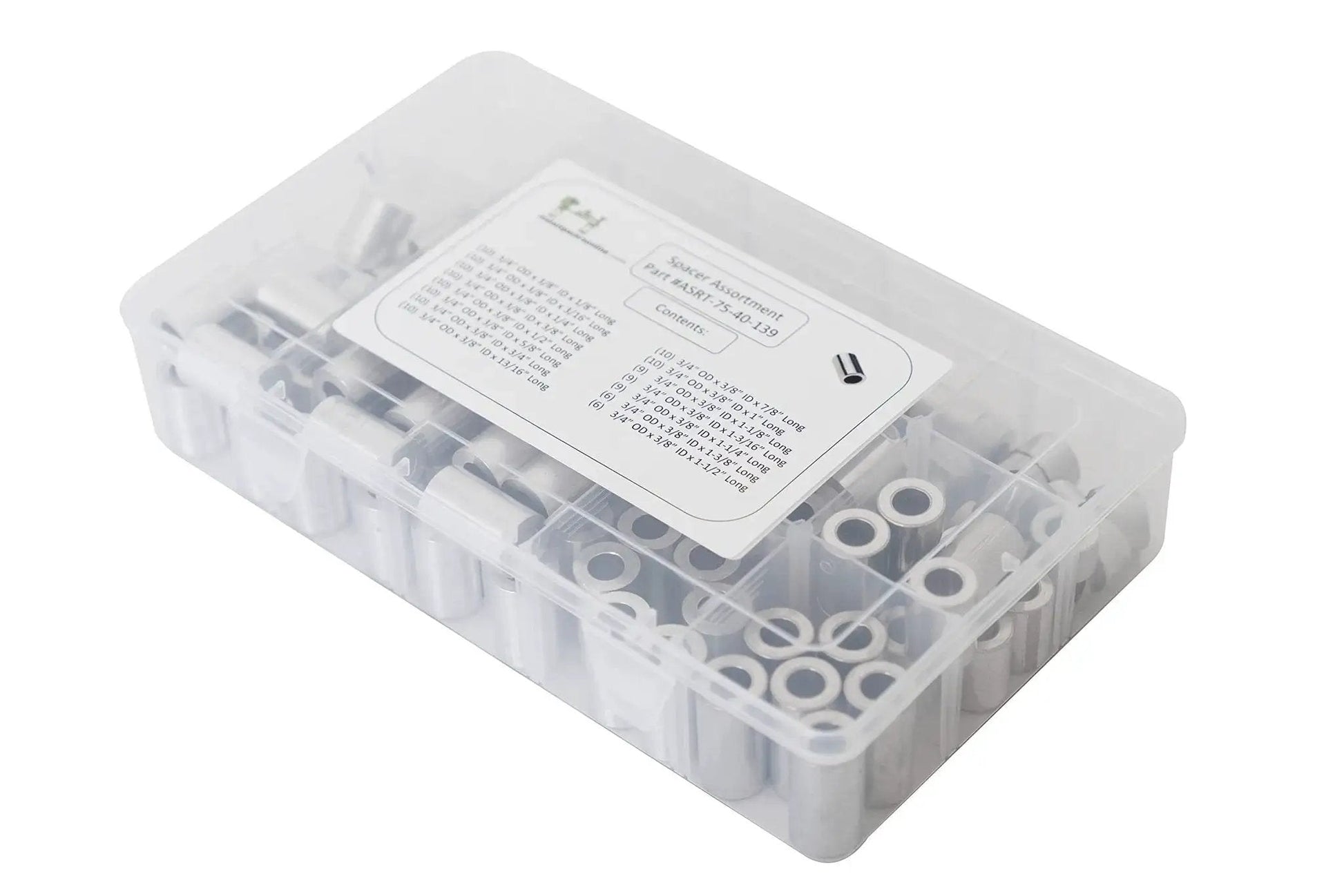 Clear case with Aluminum Spacer Standoff Bushing Assortment Kit With Three Quarters Inch Outside Diameter And Three Eighths Inch Inside Diameter, 139 Pieces
