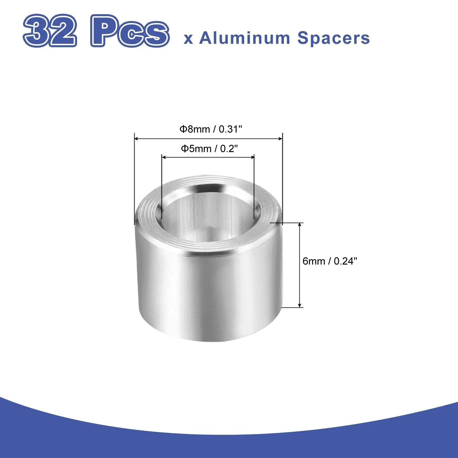 Pro Grade Aluminum Spacer Kit 32 Pcs M5 Unthreaded Standoff Bushings 5mm ID X 8mm OD X 6mm Length Plain Finish with dimensions