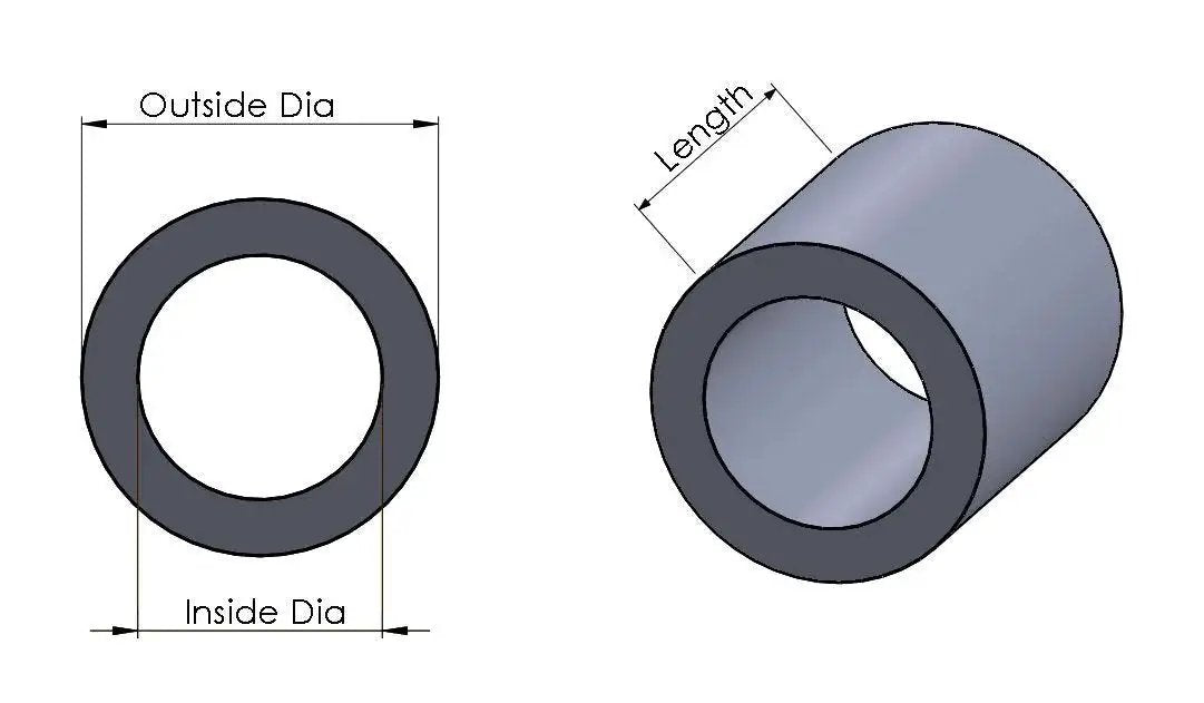 Diagram of an aluminum spacer standoff from Aluminum Spacer Standoff Bushing Assortment Kit With Three Quarters Inch Outside Diameter And Three Eighths Inch Inside Diameter, 139 Pieces, Includes Fifteen Lengths From One Eighth Inch To One And One Eighth Inch, Great For DIY CNC Projects showing outside diameter, inside diameter, and length dimensions.