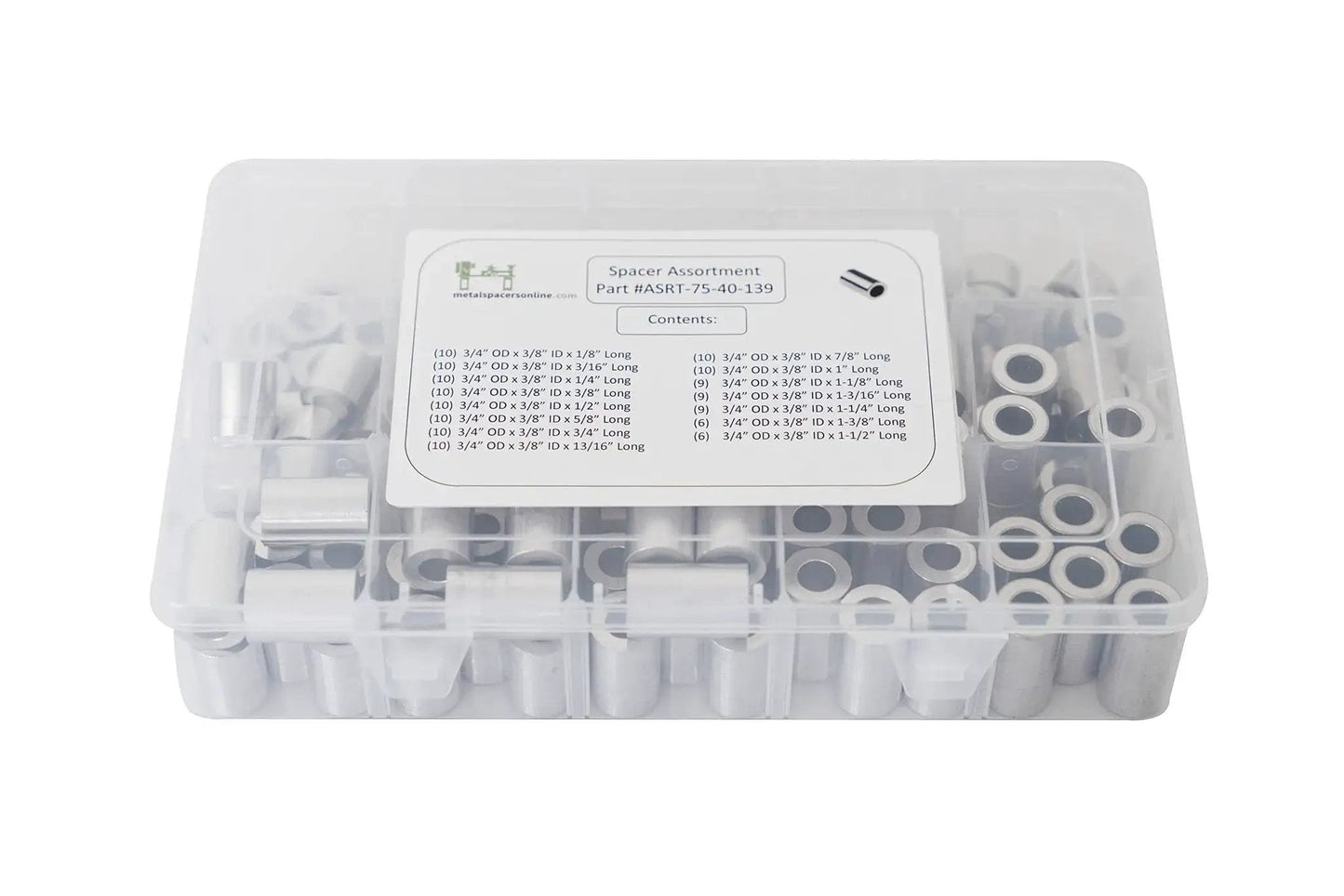 Aluminum Spacer Standoff Bushing Assortment Kit With Three Quarters Inch Outside Diameter And Three Eighths Inch Inside Diameter, 139 Pieces