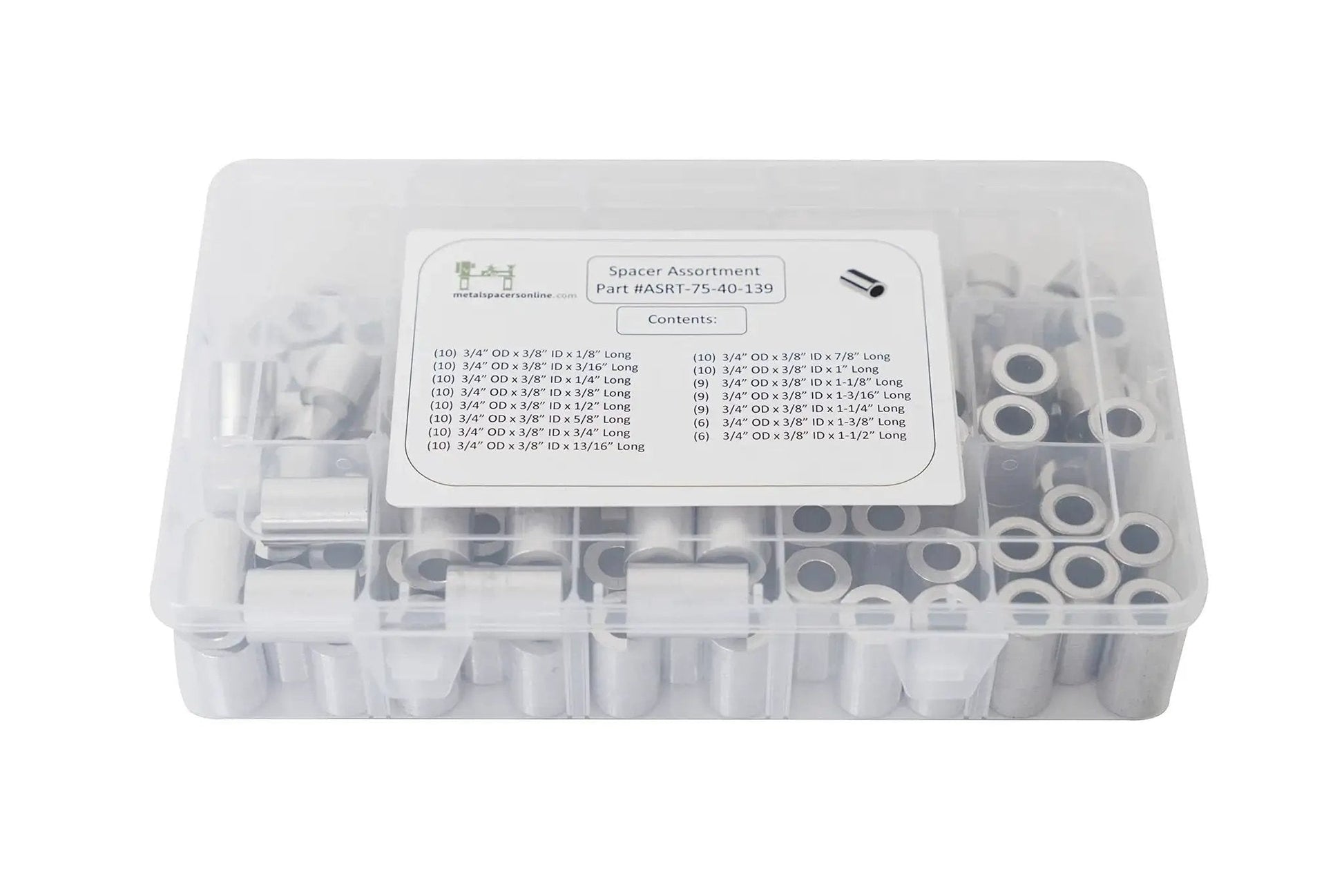 Aluminum Spacer Standoff Bushing Assortment Kit With Three Quarters Inch Outside Diameter And Three Eighths Inch Inside Diameter, 139 Pieces