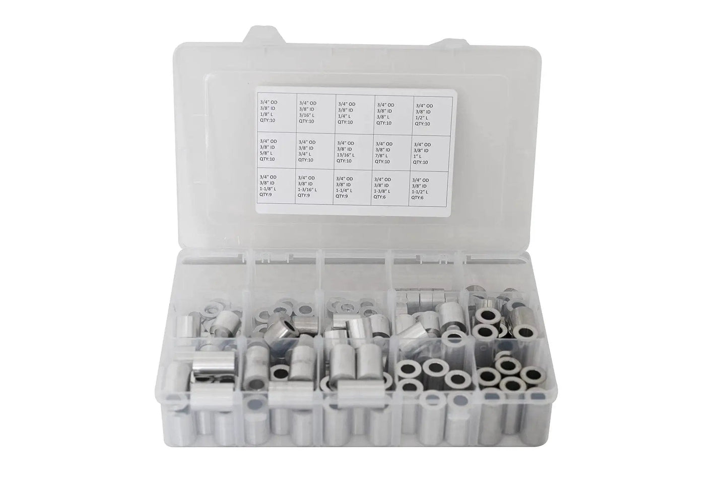 Open case of Aluminum Spacer Standoff Bushing Assortment Kit with three quarters inch outside diameter and three eighths inch inside diameter, 139 pieces