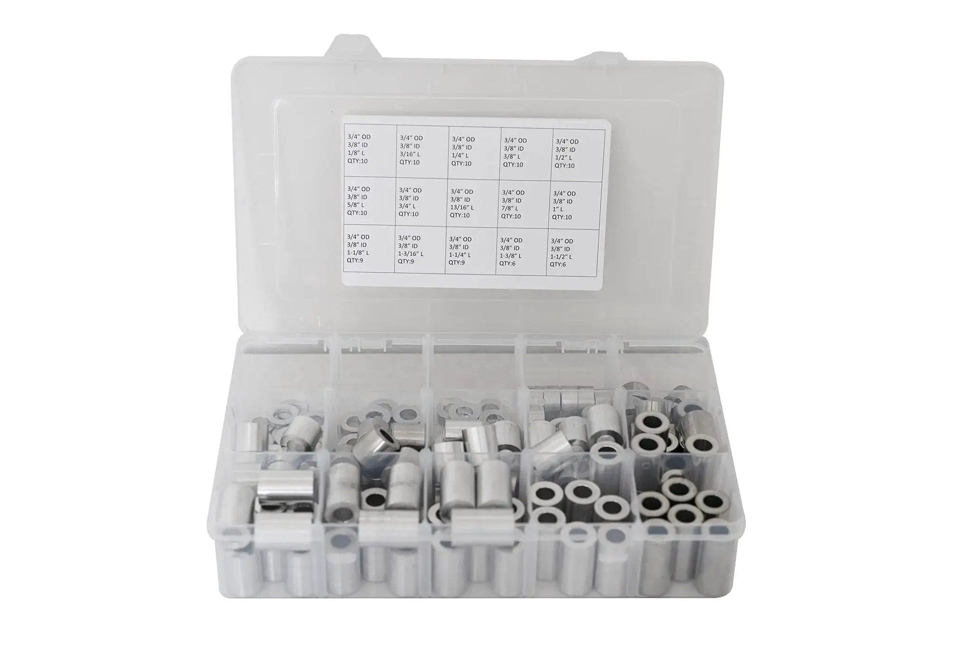 Open case of Aluminum Spacer Standoff Bushing Assortment Kit with three quarters inch outside diameter and three eighths inch inside diameter, 139 pieces