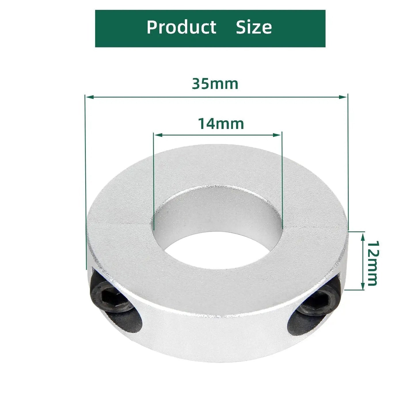 Pack Of Four Split Shaft Collar Bore 14mm Aluminum Alloy Two Halves Clamping Collar For Shaft With 35mm Outer Diameter And 12mm Thickness Plus M4 Set Screws Built To Last Lightweight Yet Sturdy For Precision Machinery And DIY Projects showing dimensions 14mm bore, 35mm outer diameter, 12mm thickness.