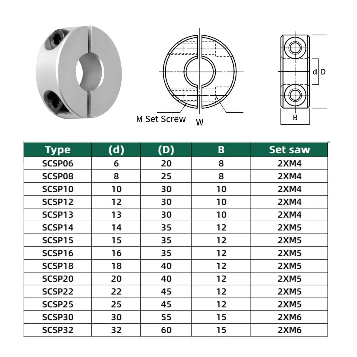 Diagram and specifications of Pack Of Four Split Shaft Collar Bore 14mm Aluminum Alloy Two Halves Clamping Collar For Shaft.