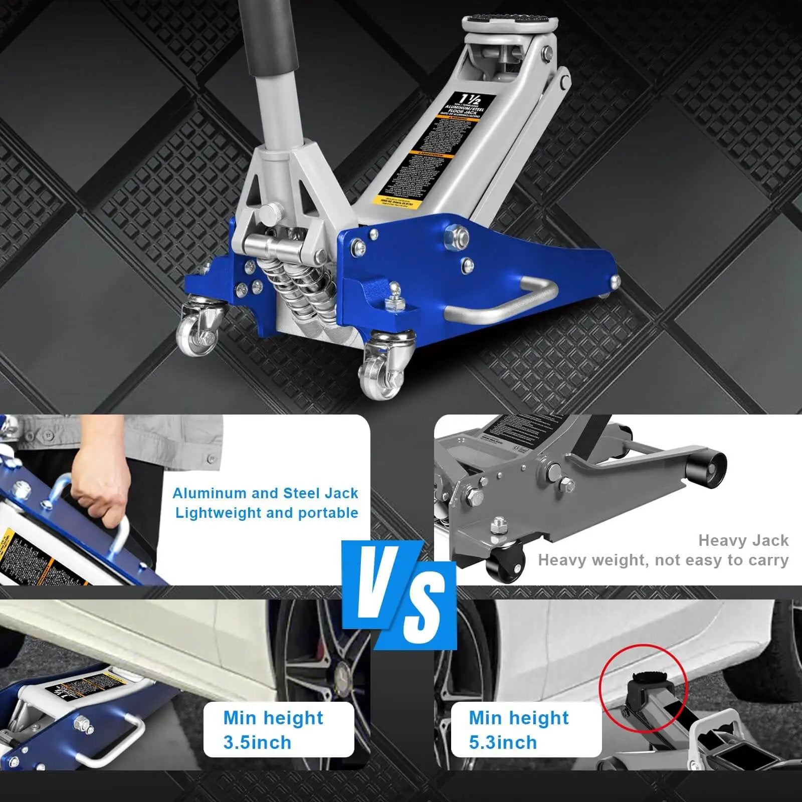 Low Profile 1.5 Ton Aluminum And Steel Floor Jack With Dual Piston Quick Lift Pump For Cars Lightweight Blue Racing Hydraulic Floor Jack With Side Handle By Big Red displaying different size comparisons and close-up details.