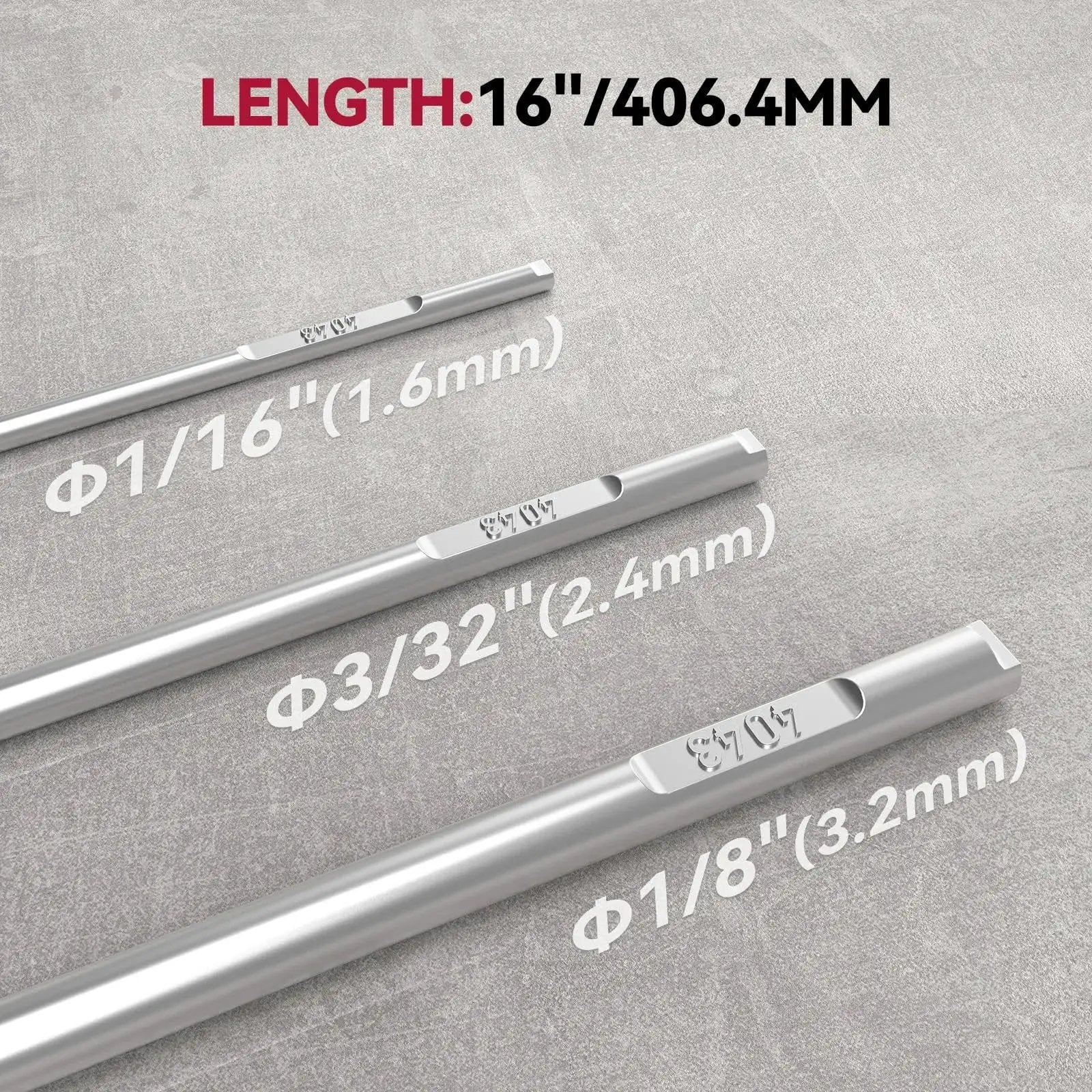 ER4043 Aluminum TIG Welding Rod Filler Wire in 3/32 inch diameter showing different sizes with 16 inch length.