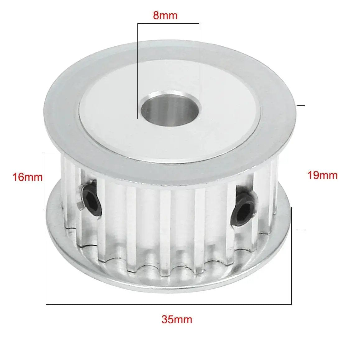 High Precision Aluminum Timing Belt Pulley With 20 Teeth 8mm Bore And 5mm Pitch for 15mm Belts, dimensions labeled with 35mm diameter