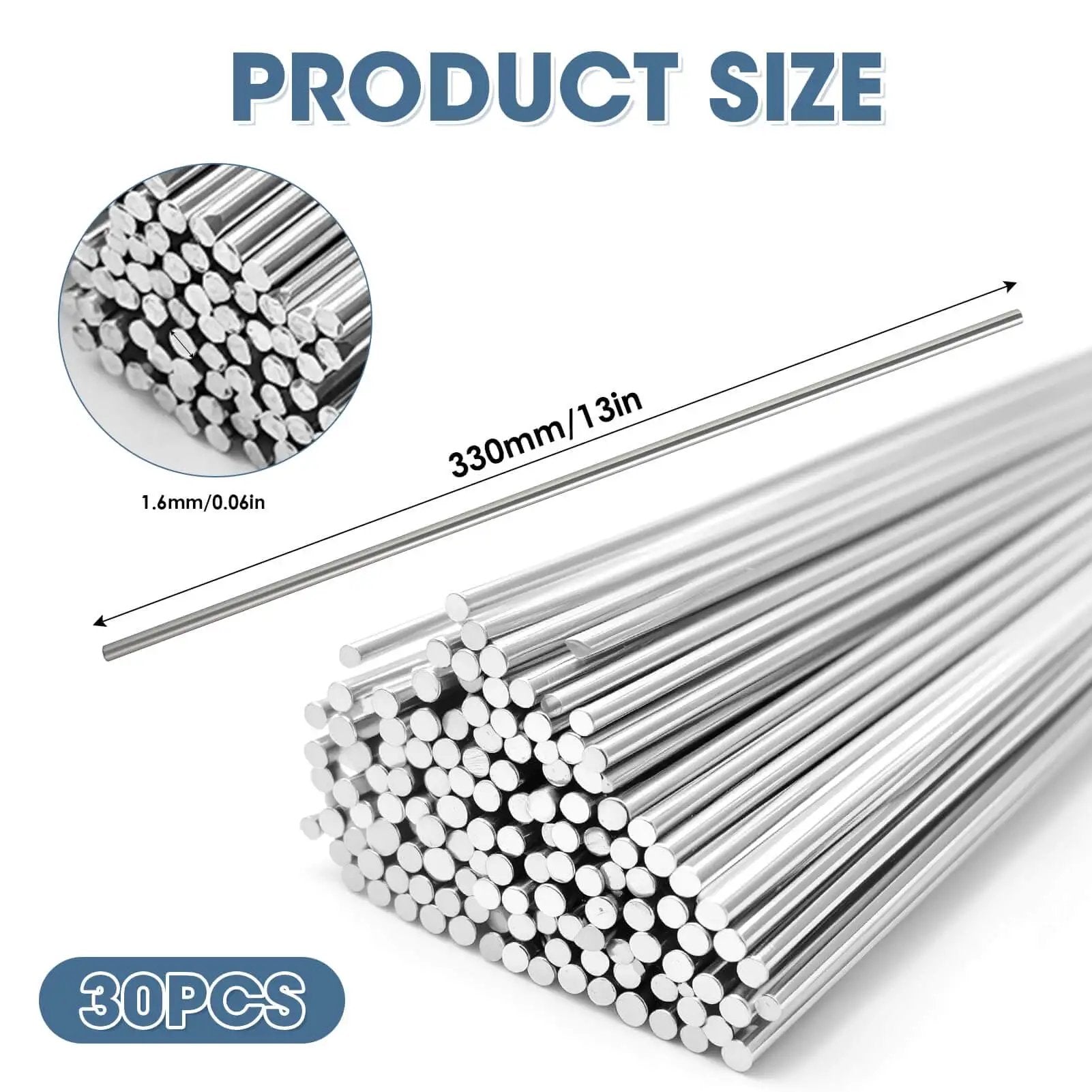 Pro Grade Aluminum Welding Rods Set, 30 Pieces, 0.0625 Inch By 13 Inch, showing rod size and length in detail