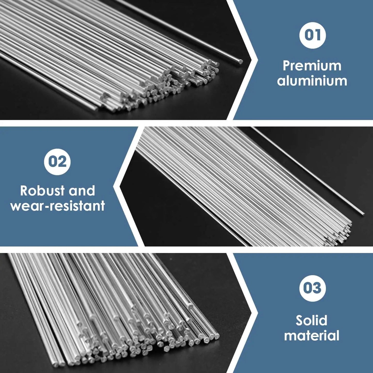 Pro Grade Aluminum Welding Rods Set, 30 pieces, showcasing premium aluminum, robust and wear-resistant, solid material for welding.
