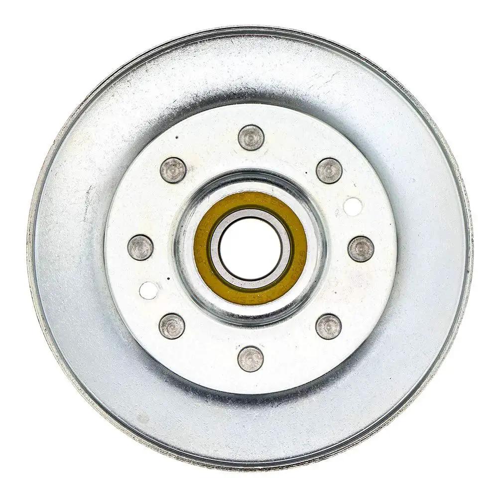 OEM Sheave Assembly AM147272 for John Deere lawn tractors, metal pulley front view showing bearings and bolt holes.