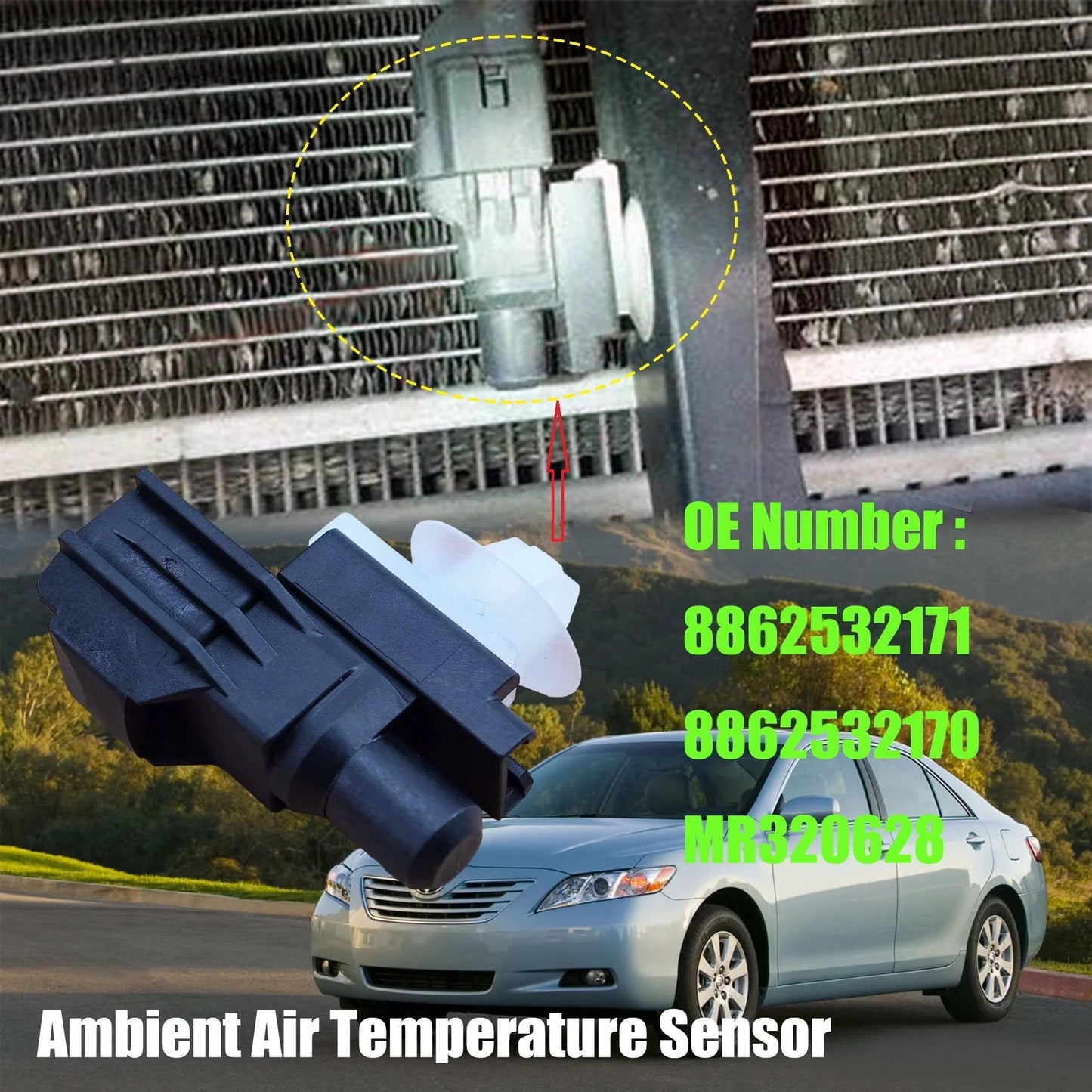 Close-up of Ambient Air Temperature Sensor Compatible With Toyota Camry RAV4 Corolla Prius Subaru Mitsubishi Cadillac Scion Lexus Chrysler Suzuki Dodge Jaguar And Other Select Models For Your Ride Ref 88625 32171 MR320628 0775005191 on a car.