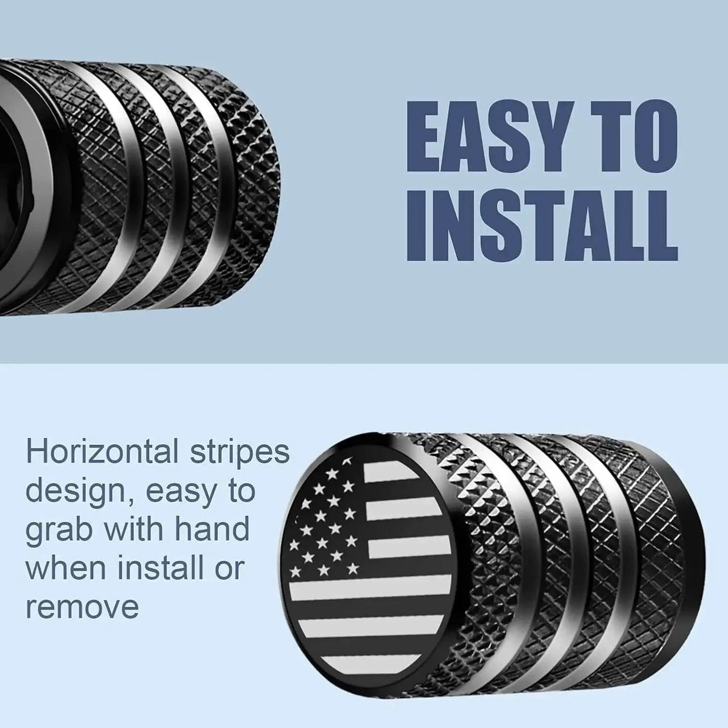 Close-up of black tire valve stem cap covers with American flag design, highlighting grip texture, labeled 'Easy to Install.'