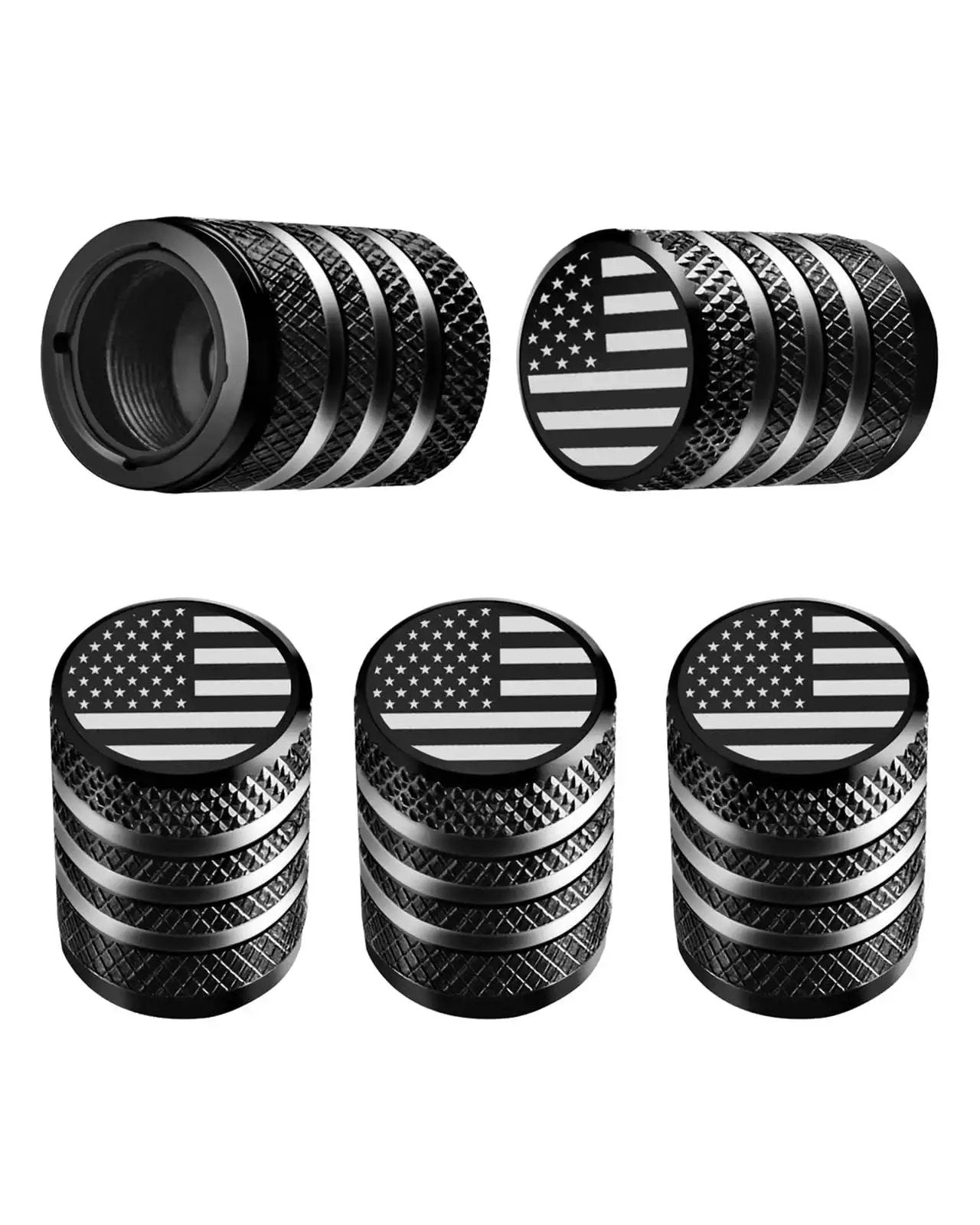 Five Pack Tire Valve Stem Cap Covers With Metal Shell And Plastic Liner Anti Corrosion Leak Proof American Flag Design For Car Truck Motorcycle Bike Black