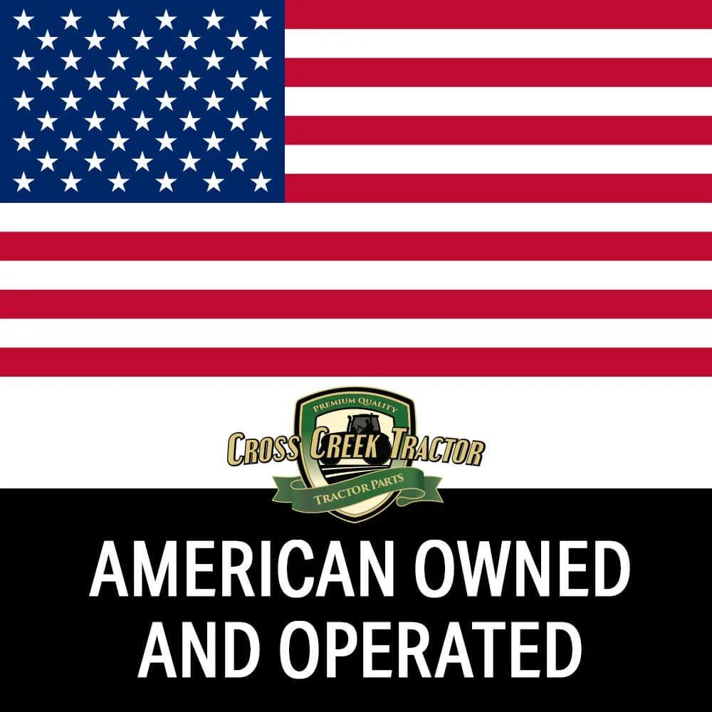 American flag with Cross Creek Tractor logo and 'American Owned and Operated' text.