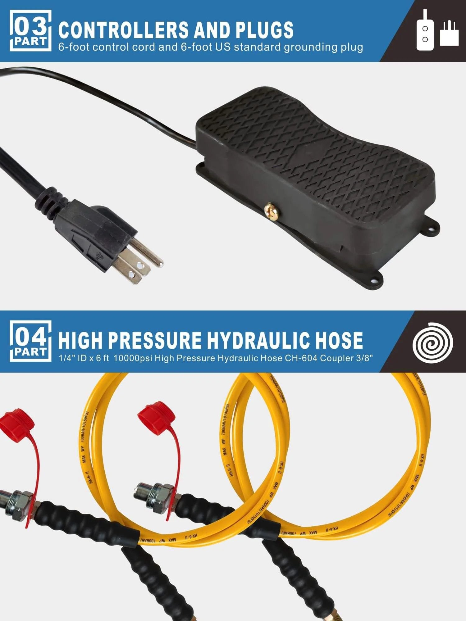 AMZCNC Two Way Electric Hydraulic Pump 10,000 PSI parts with control cord, plug, and high-pressure hydraulic hoses