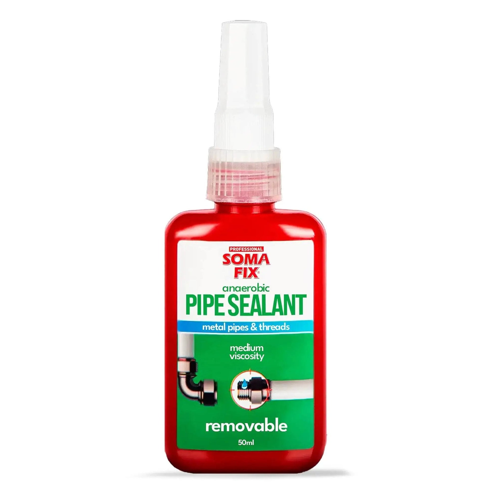 Red bottle of Pipe Thread Sealant For Metal Pipes And Threaded Fittings With Anaerobic Cure Medium Viscosity, 50ml size, front view