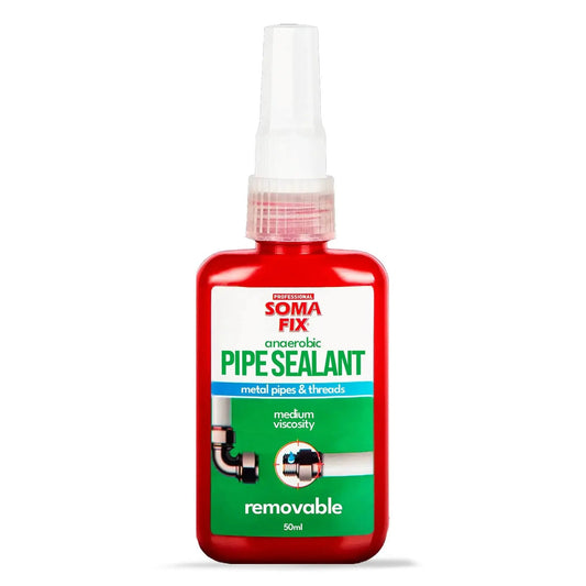 Red bottle of Pipe Thread Sealant For Metal Pipes And Threaded Fittings With Anaerobic Cure Medium Viscosity, 50ml size, front view