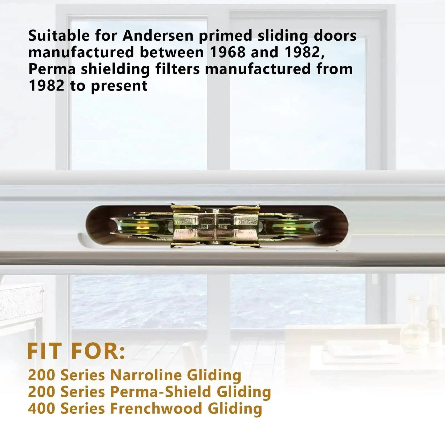 Sliding Patio Door Tandem Roller Assembly For Andersen Doors Compatible With Andersen Sliding Door Rollers Replaces Part 1273704 1964 1982 To Present Two Rollers With One And A Quarter Inch Bearing, close-up view.
