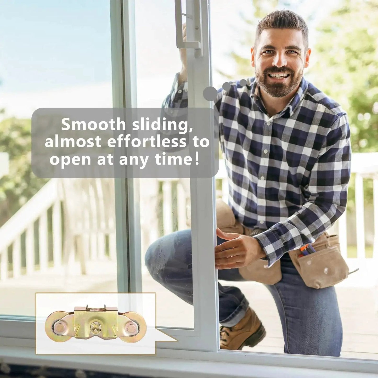 Sliding Patio Door Tandem Roller Assembly For Andersen Doors Compatible With Andersen Sliding Door Rollers Replaces Part 1273704 1964 1982 To Present Two Rollers With One And A Quarter Inch Bearing shown being installed in a sliding door by a person.