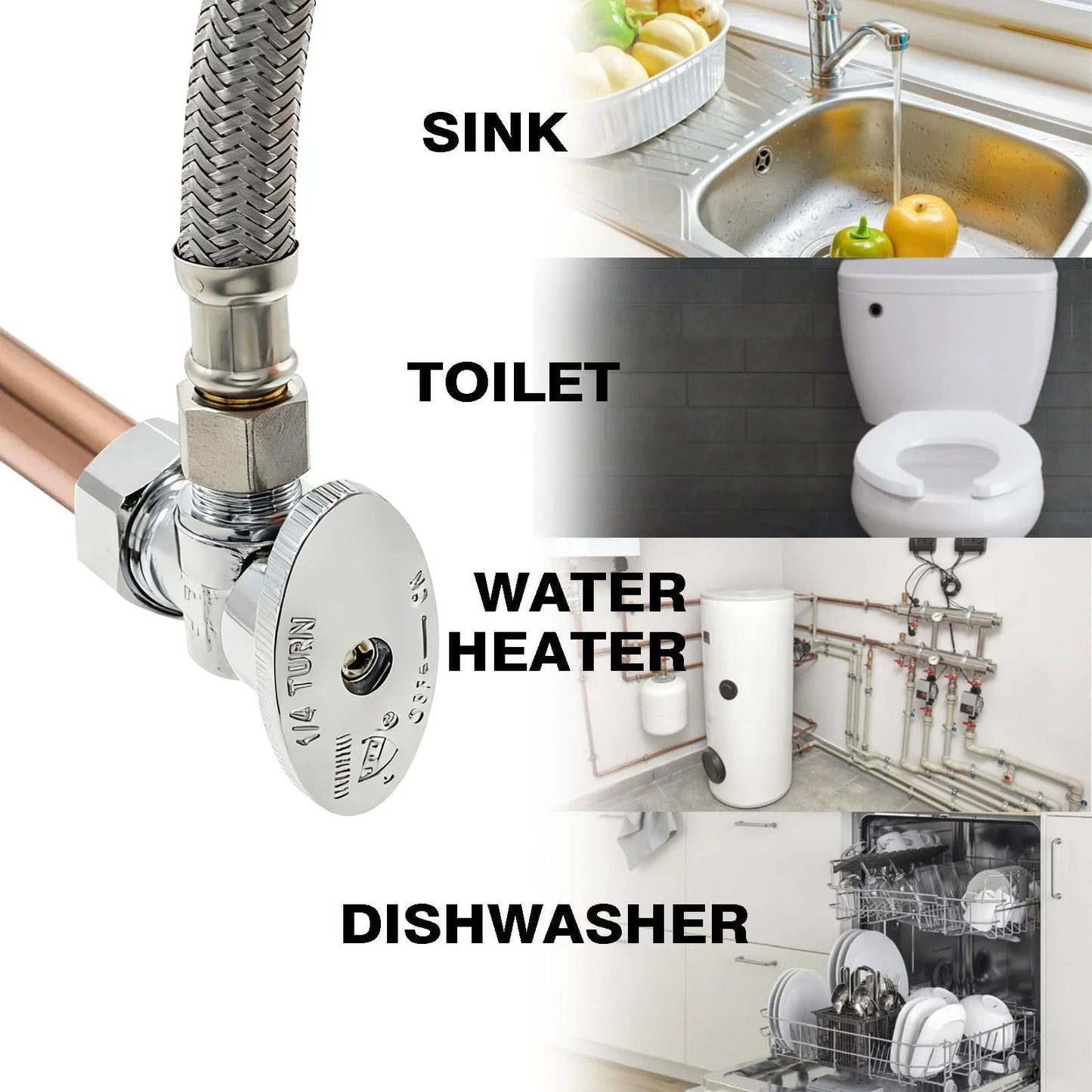 Close-up of Angle Stop Valve 1/2 Inch Nominal Compression Inlet To 3/8 Inch OD Compression Outlet, 1/4 Turn Water Shut Off Valve For Toilet And Faucet Plumbing, Easy Install, Lead Free Silver Finish, Durable Brass Body, 1 Pack with water supply connections.