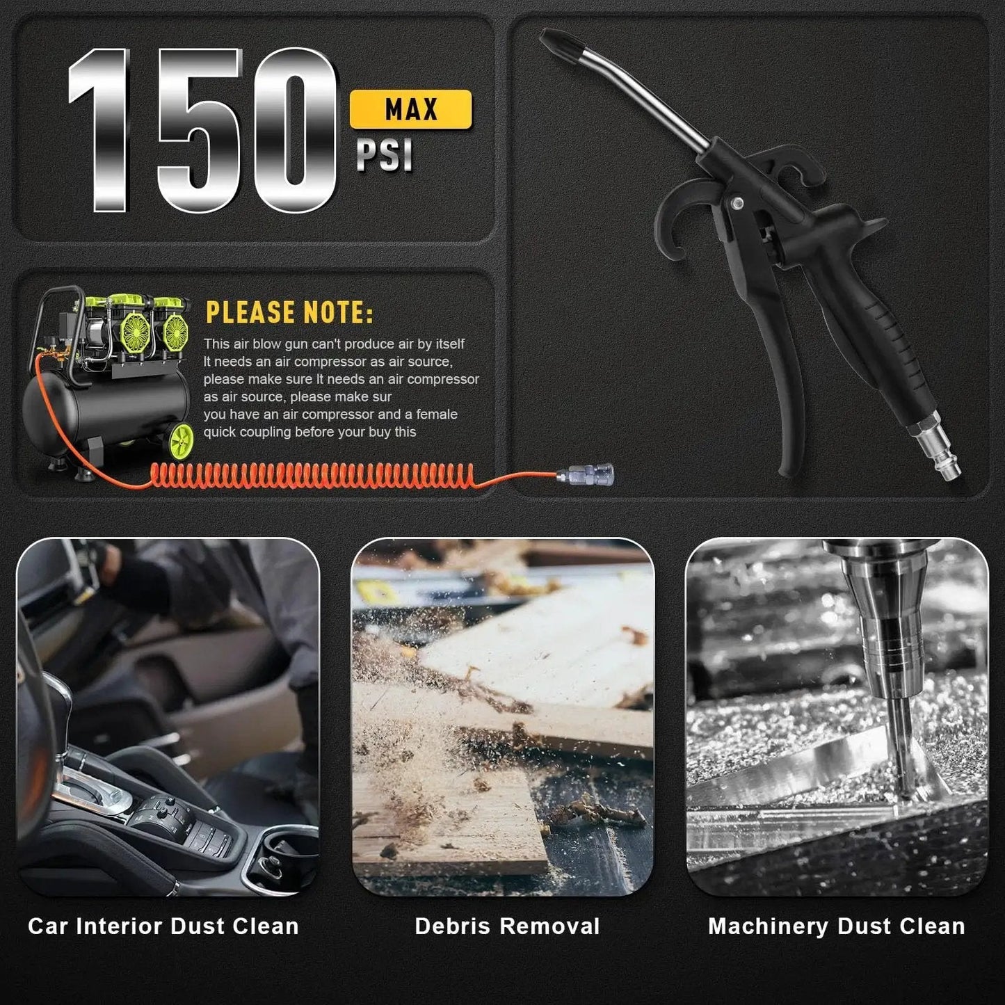 High-volume angled air blow gun with rubber guard delivers powerful dust, water, and debris removal in tight spaces, shown near PSI reading and usage examples for car and machinery cleaning.
