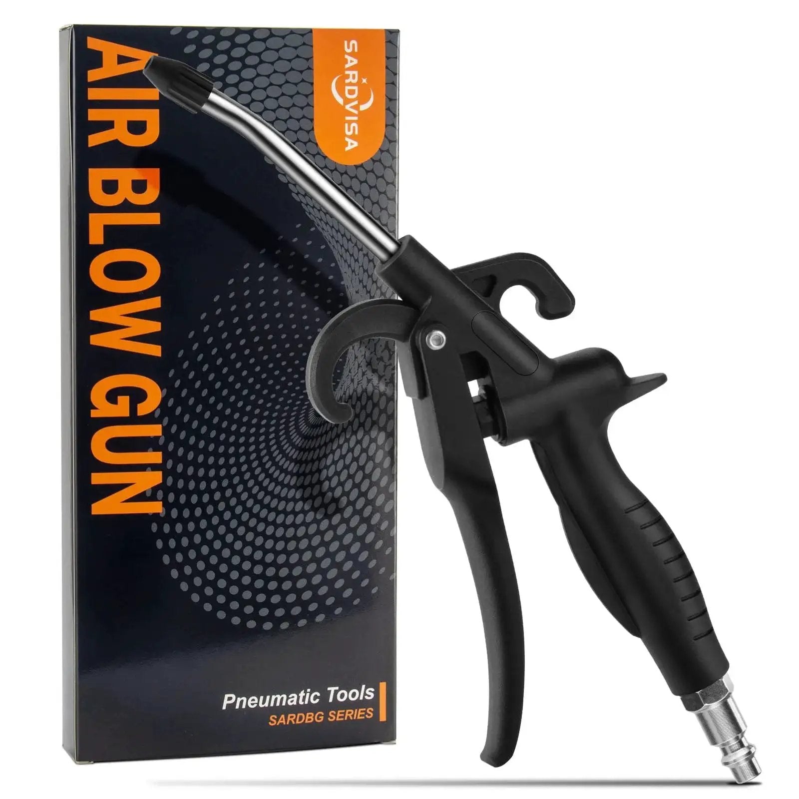 High-volume angled air blow gun with rubber guard delivers powerful dust, water, and debris removal in tight spaces, shown with packaging