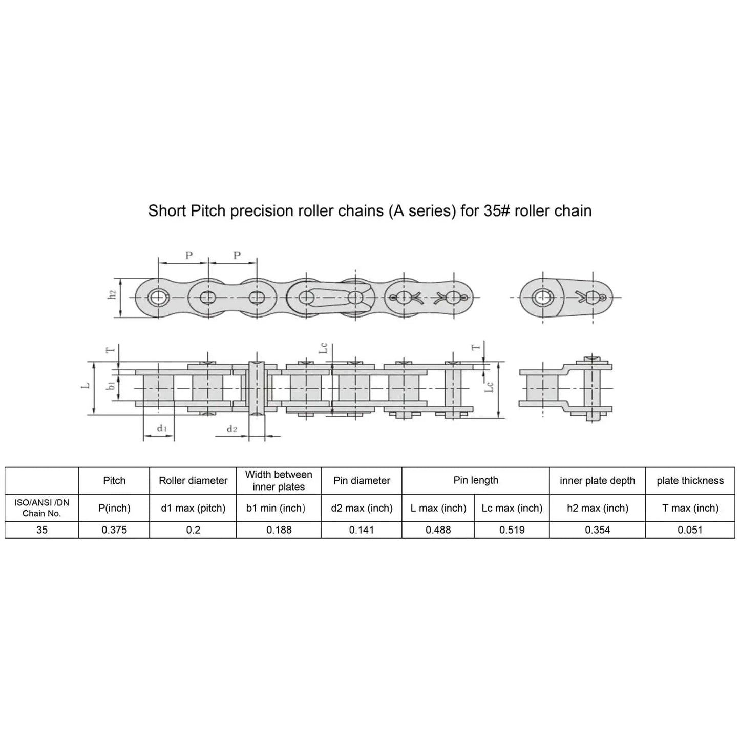 Technical diagram of short pitch precision roller chain for 35# roller chain with measurements and specifications.