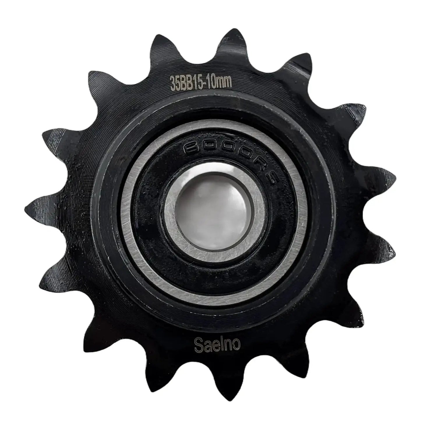 Front view of ANSI 35 Roller Chain Idler Sprocket Type C Built Tough Heavy Duty For Three Eight Inch Pitch With Ten Millimeter Bore And Fifteen Teeth Bearing 6000RS Hardened 1045 Carbon Steel Antirust Drive Sprocket For 35 Chain