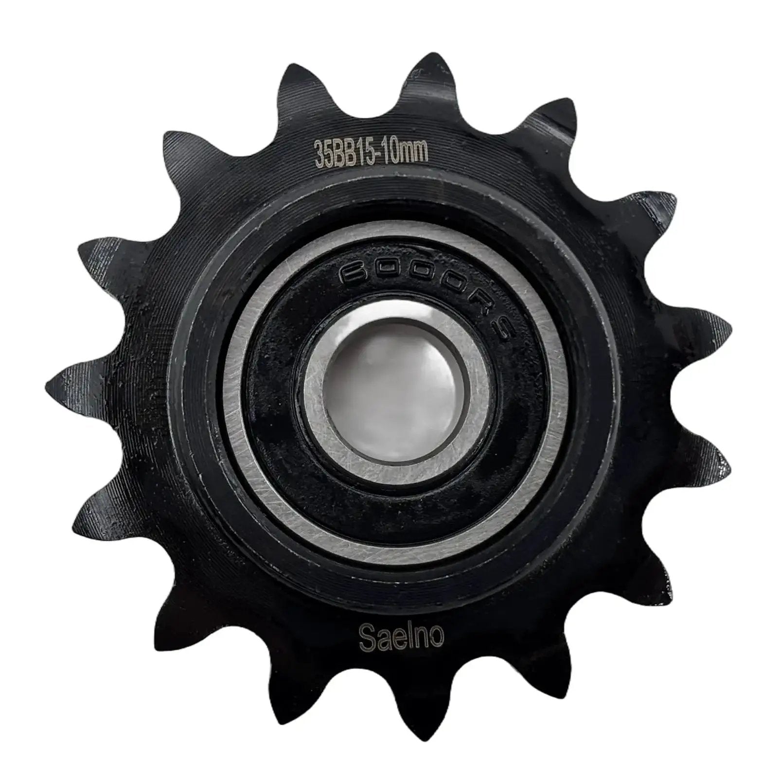 Front view of ANSI 35 Roller Chain Idler Sprocket Type C Built Tough Heavy Duty For Three Eight Inch Pitch With Ten Millimeter Bore And Fifteen Teeth Bearing 6000RS Hardened 1045 Carbon Steel Antirust Drive Sprocket For 35 Chain