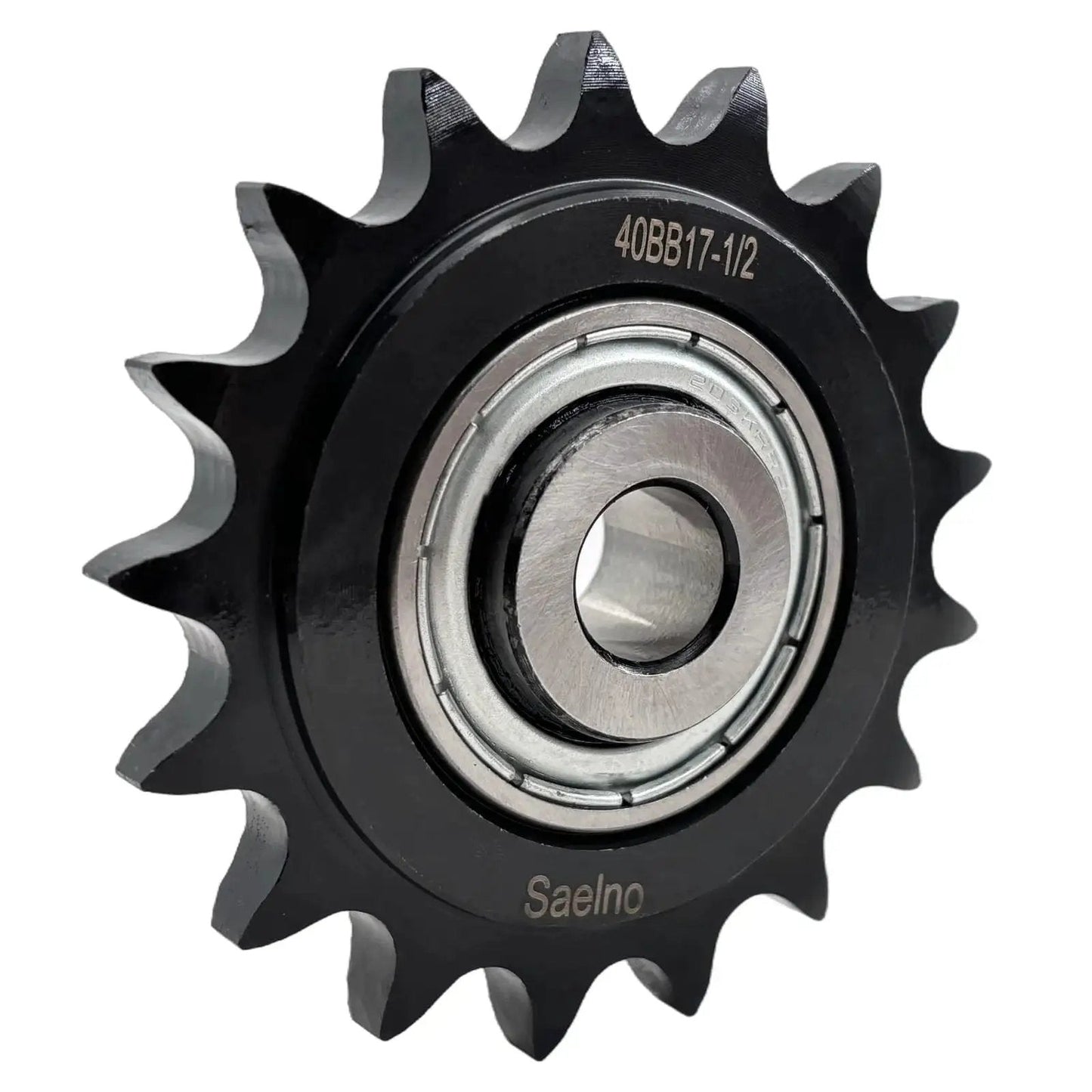 Industrial Grade ANSI 40 Roller Chain Idler Sprocket Type C With Half Inch Bore Seventeen Teeth And Bearing For 40 Chain, shown close-up.