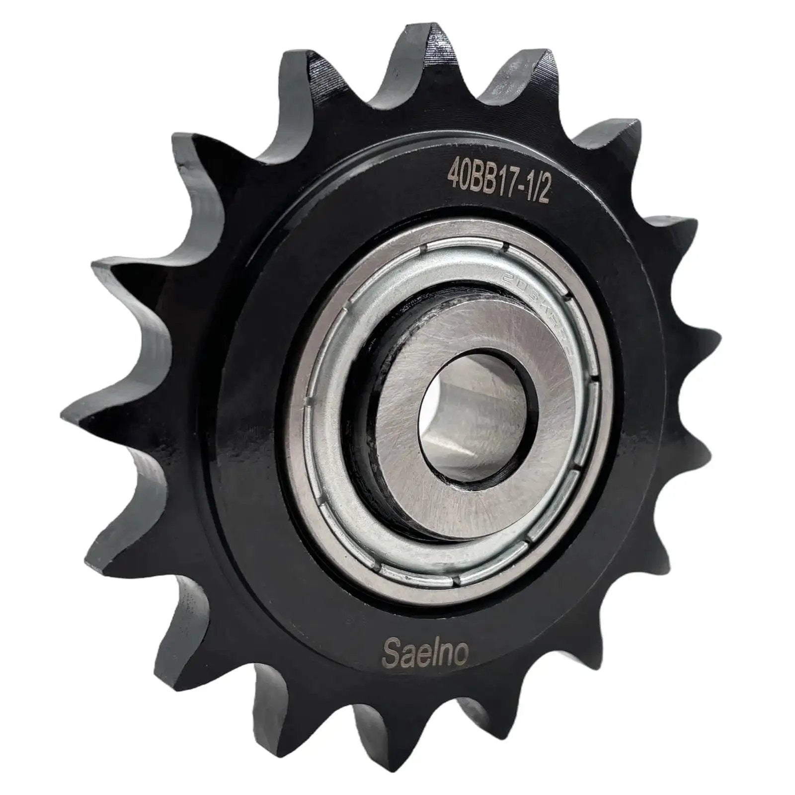 Industrial Grade ANSI 40 Roller Chain Idler Sprocket Type C With Half Inch Bore Seventeen Teeth And Bearing For 40 Chain, shown close-up.