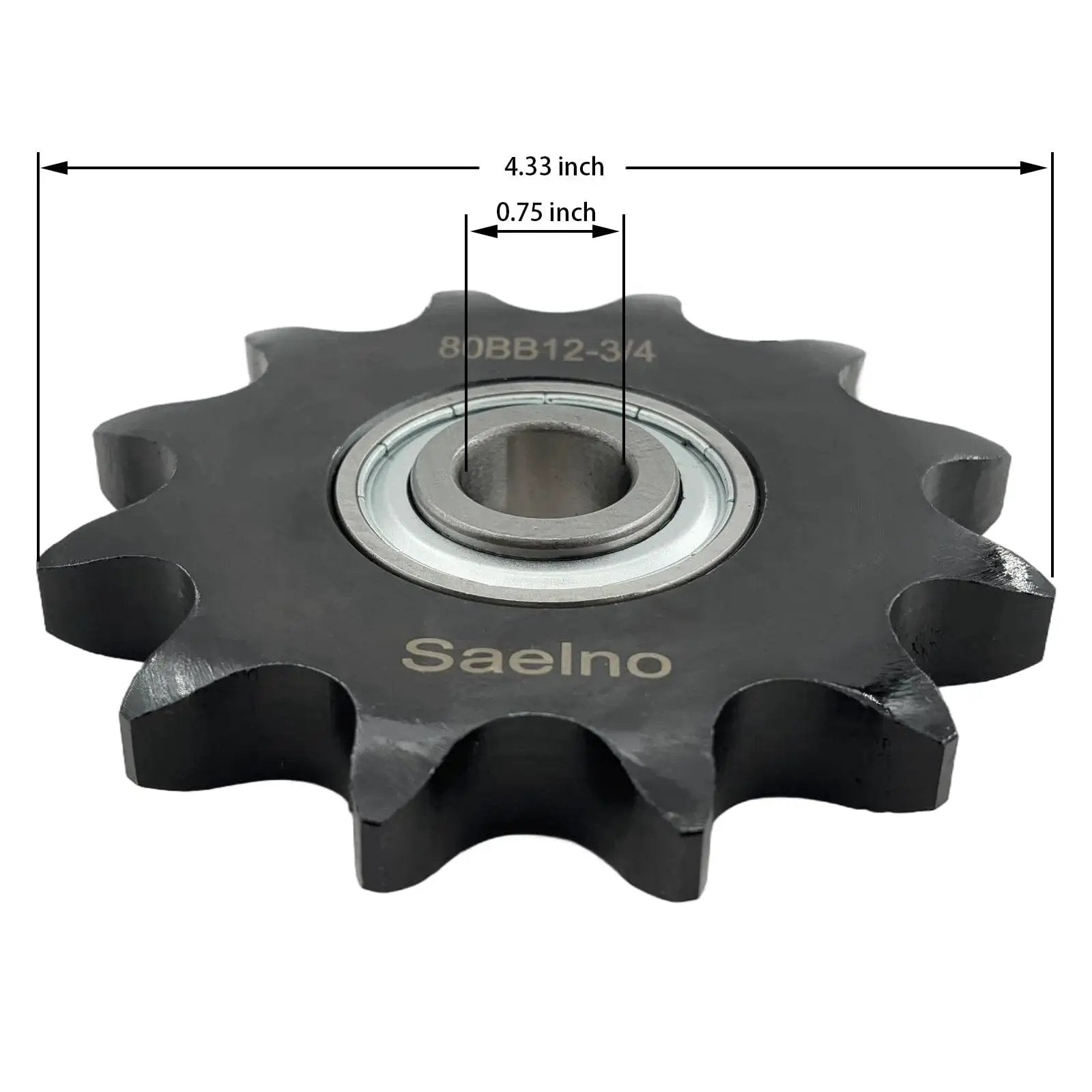 Front view of Heavy Duty ANSI 80 Roller Chain Idler Sprocket Type C With Bearing Three Quarter Inch Bore Twelve Tooth Hardened 1045 Carbon Steel Blackened Surface